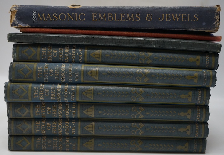 Gould, R.F. - The History of Freemasonry, Caxton, (6 vols); Hammond, W. - Masonic Emblems & Jewels, 1927 (ex-libris); Crowe, F.J. - Masonic Clothing and Regalia, British and Continental, Edinburgh 1897; Sanderson, W. St